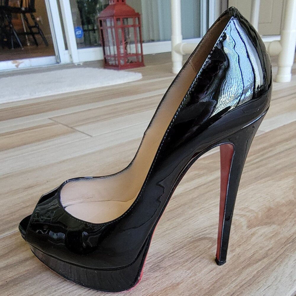 Christian Louboutin 150  Lady Peep Black Patent Leather Shoe Eur. 37